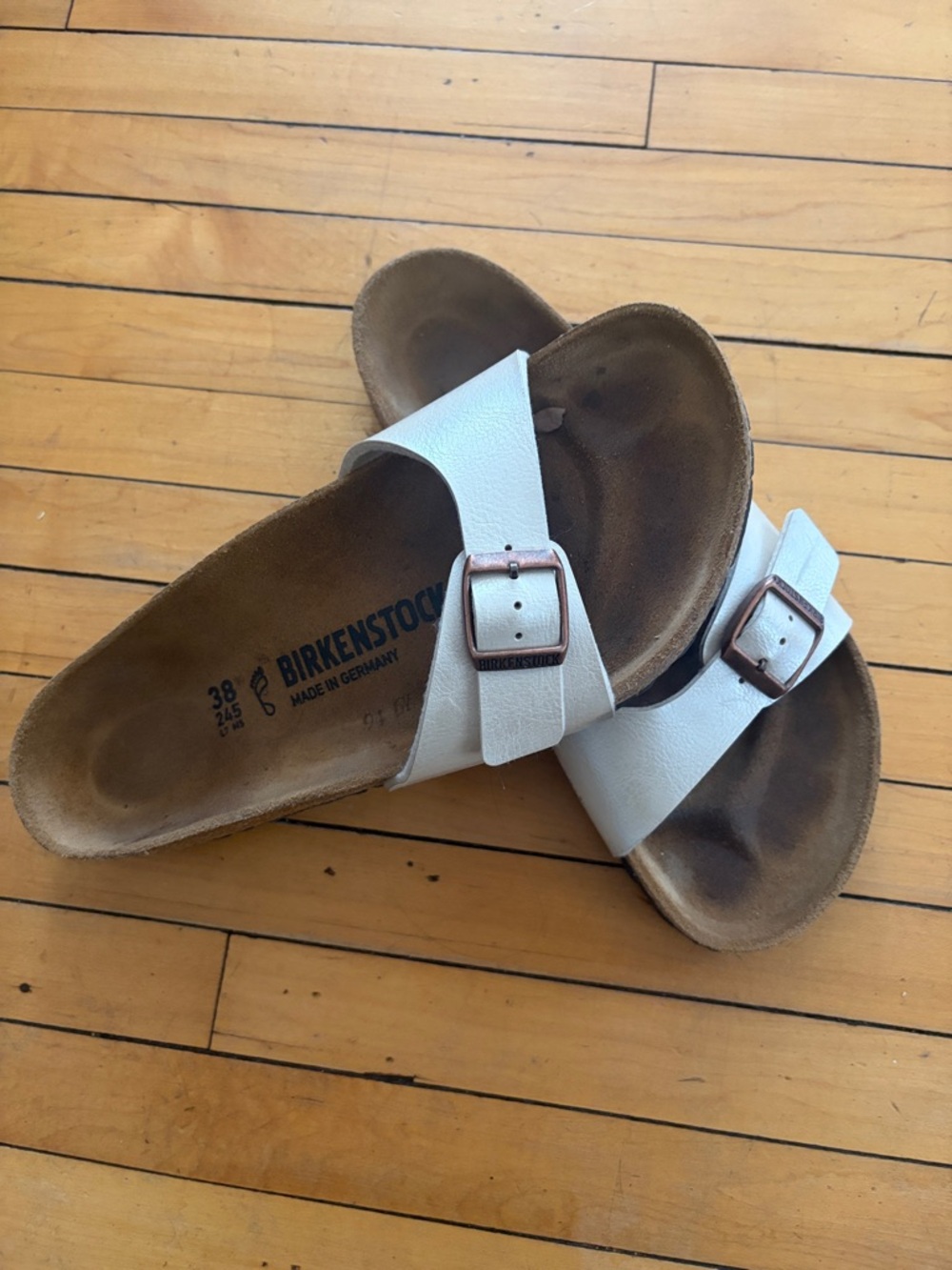 Birkenstock off White Single Strap Sandals with Rose Gold Buckles size 38